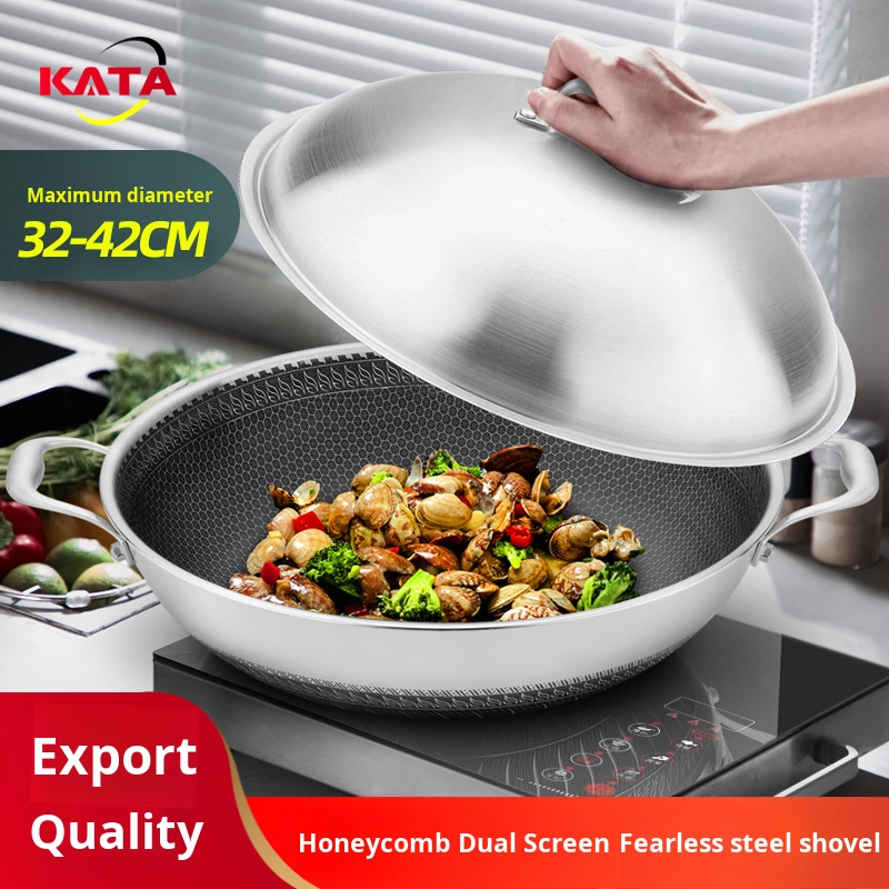 316 Double-Ear Stainless Steel Wok 40 42 Large Non-Stick Flat Bottom Household Cooking Pan Low Oil Smoke Double-Sided Screen