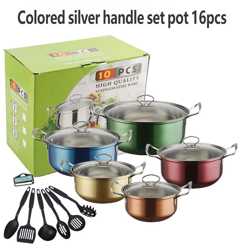 Stainless Steel 10-Piece Smokeless Pot Set Glass Lid Tube Handle Gas Ready Casserole Saucepan Multi-Layer Base Sizes 16-24cm