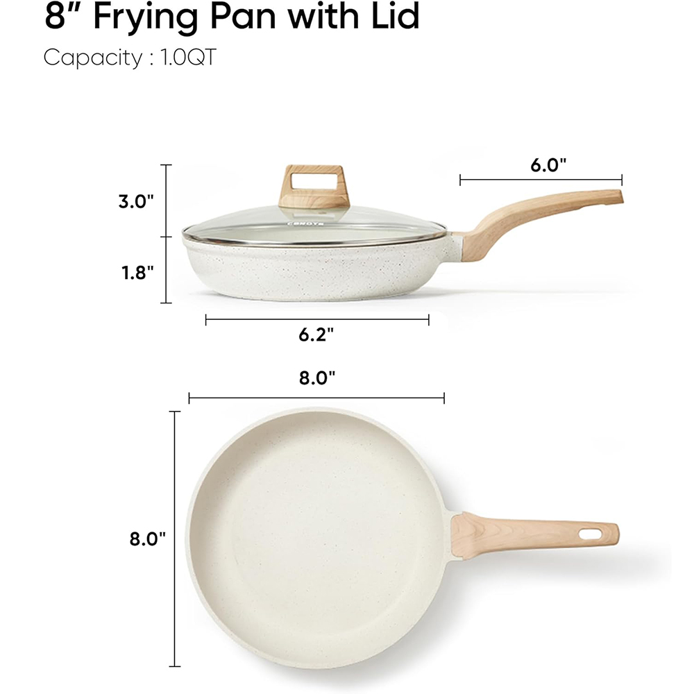 Non-Stick Medical Stone Frying Pan Skillet Eco-Friendly Wood Handle Glass Lid PFOA Free Oven Safe