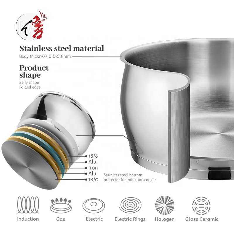 OEM Customize 8Pcs Belly Shape Induction Cookware Stainless Steel Cooking Pots and Pans Set With S/S Plated Gold Handle