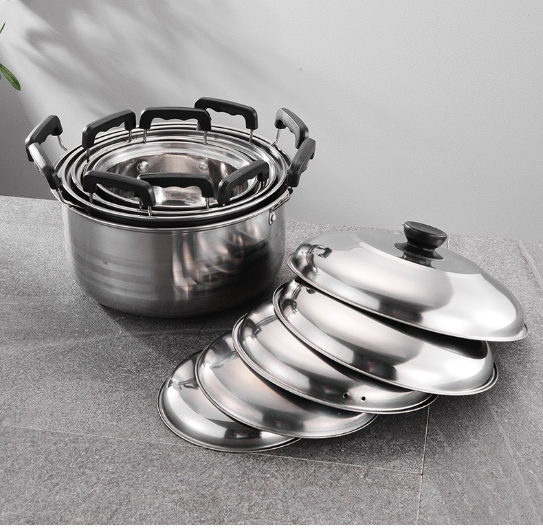 Stainless Steel 12-Piece Durable Multi-Functional Cookware Set American Style Soup Pot Steamer Pot Plastic Handle Dishwasher