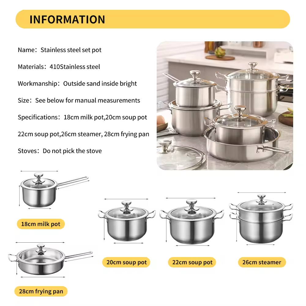Stainless Steel 11 Piece Cookware Set Kitchen Steamer Cooking Pots Induction Soup &amp; Stock Pots Korean Pot Set