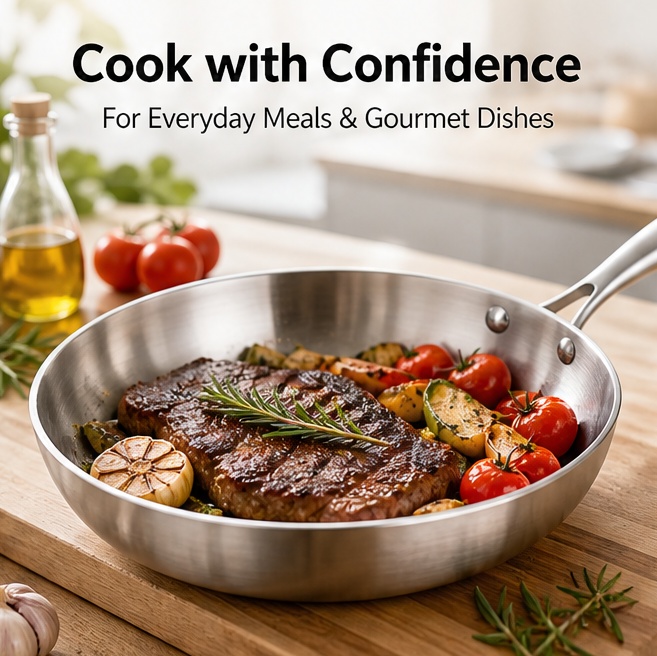 304 Stainless Steel Thickened Three-Layer Uncoated Non-Stick Fluorine-Free Frying Pan Modern Minimalism Design Glass Lid for Gas