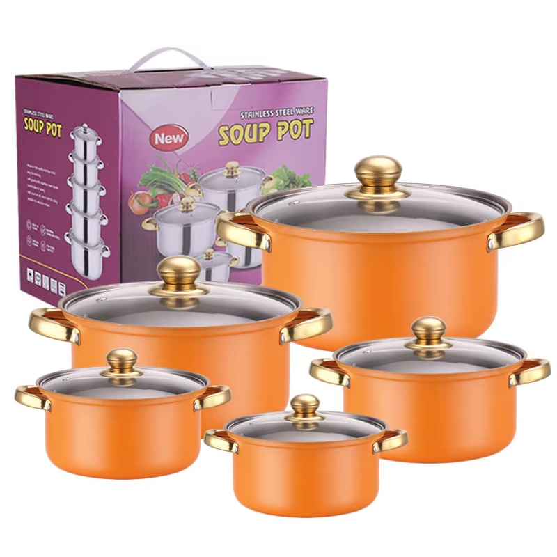 Wholesale 10pcs 16-24cm Stainless Steel Pots And Pans Gold Handle Soup Pots Cooking Pots Casserole Set Kitchen Cookware Sets