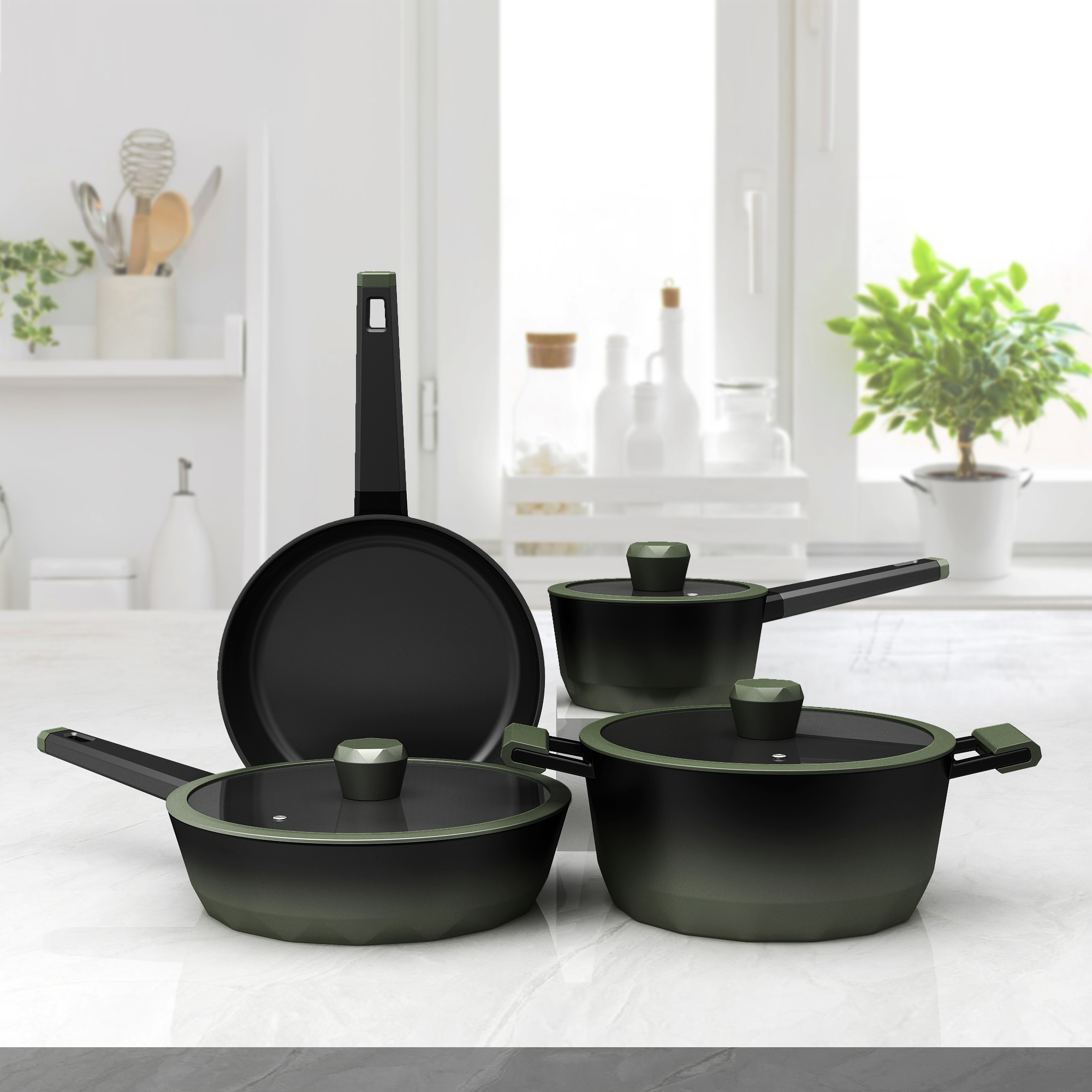 Diamond-Textured Non-Stick Cookware Set Durable Die-Cast Aluminum Body Premium Kitchen Pans with Stylish Design