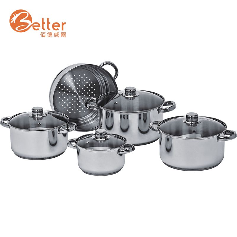 Factory Price 10pcs 304 Stainless Steel Kitchen Cookware Sets with G Type Glass Lid