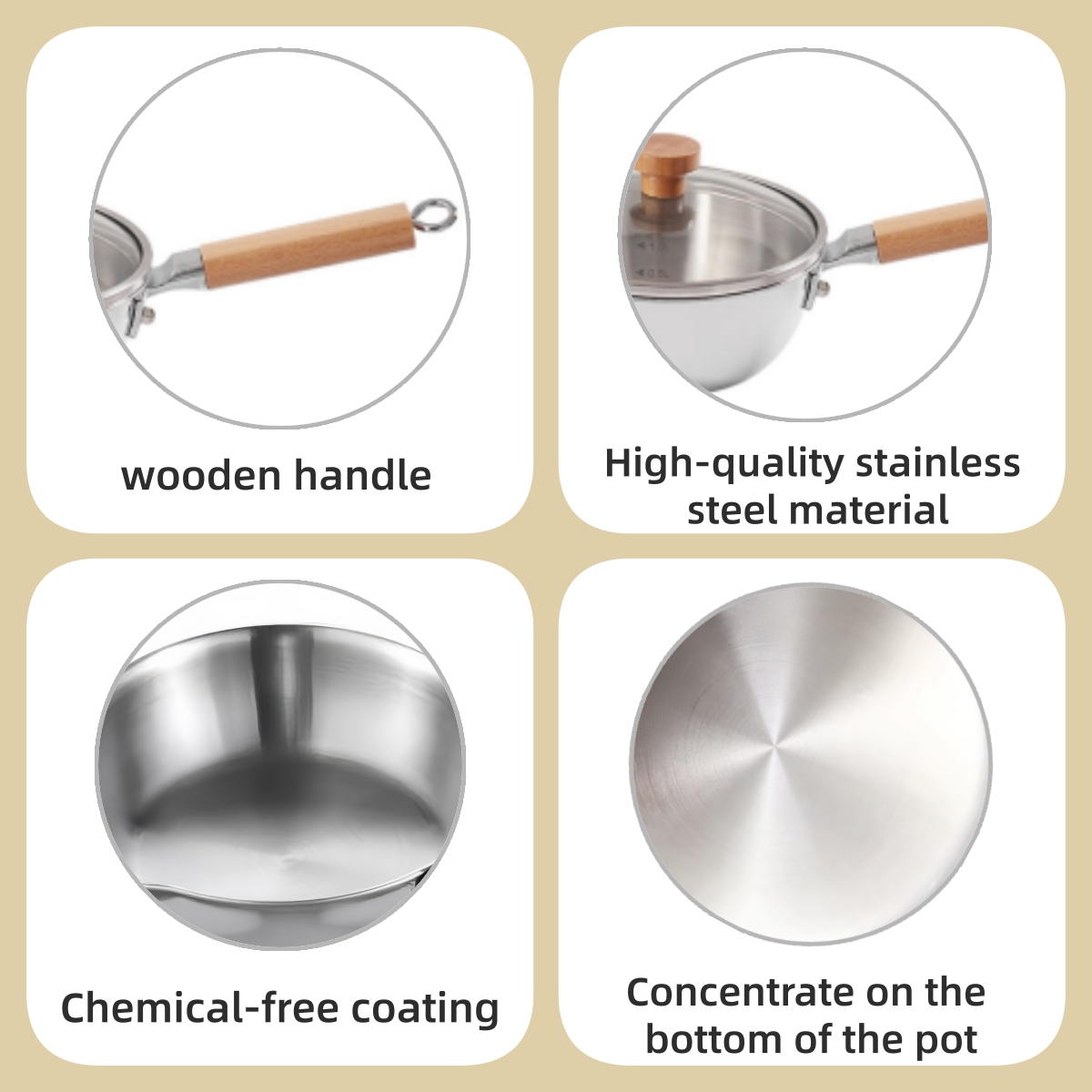 Stainless Steel Frying Pan 316 Sapphire Pan with Wood Hand Grip Containing Glass Cover for Gas &amp; Induction Cookers