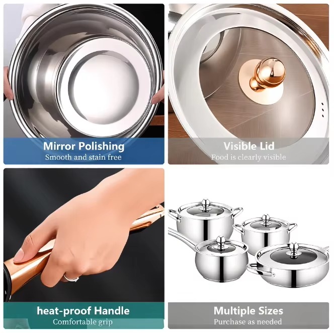 Apple Shape 6/12pcs Stainless Steel Healthy Multi-Functional Cookware Set Glass Cover Dishwasher Safe for Home Commercial Use