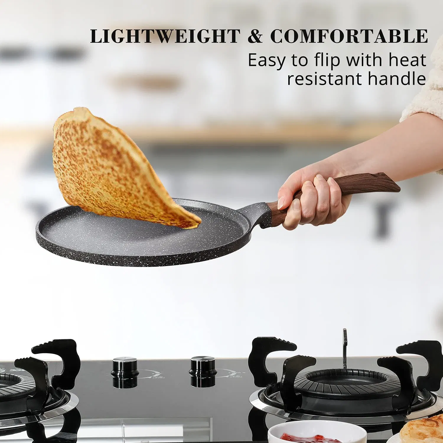 Nonstick-Crepe-Dosa-Pan Pancake Flat-Skillet Tawa-Griddle 10-Inch with Stay-Cool Handle Induction-Compatible Pfoa Free