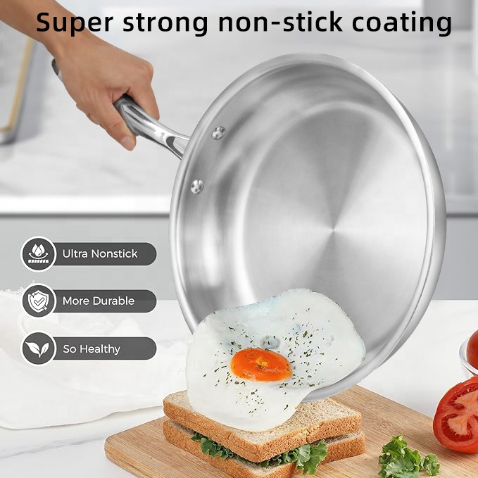 PFOA/PTFE-Free Non Toxic 3-Piece Full Clad Tri-ply Hybrid 304 Stainless Steel Frying Pan Set Induction/Oven/dishwasher Safe