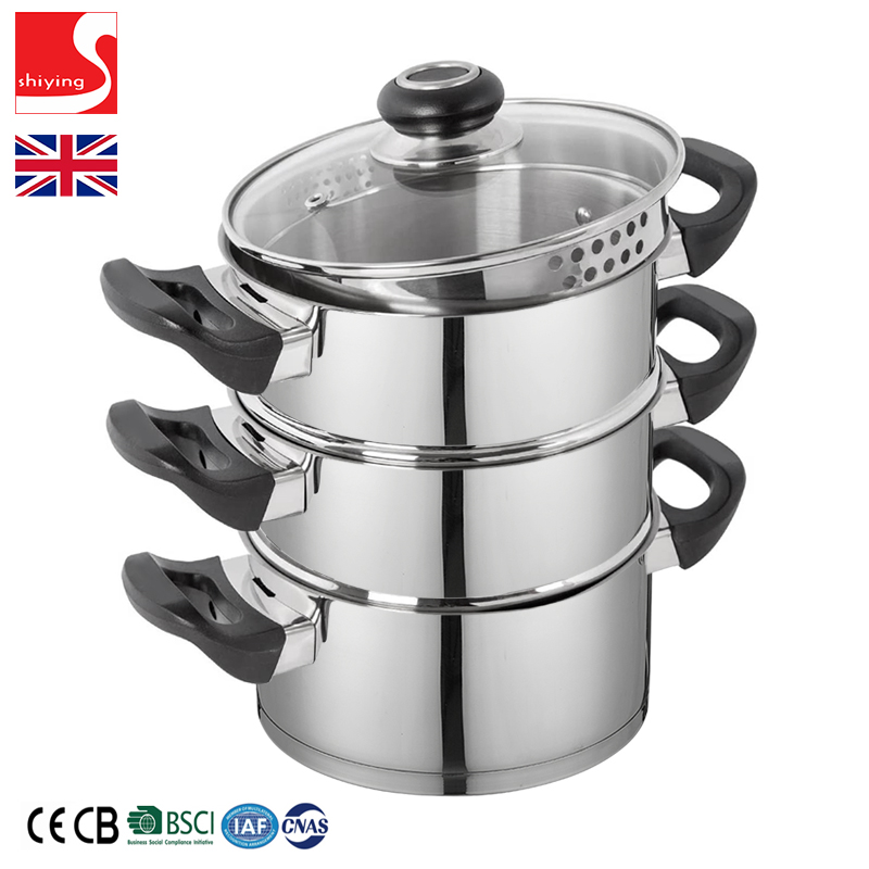 SY-Kitchenware 3 Tier Steamer with Tempered Glass Lid 18 cm Induction Suitable Stainless Steel Casserole Set 20cm