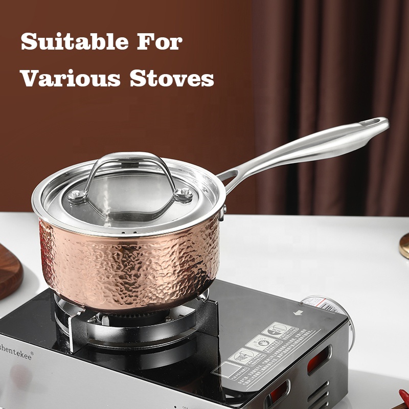 Triply Stainless Steel Saucepan Luxury Hammer Pattern Milk Pot Glass Lid Dishwasher Safe 16cm Soup Stock Pots Stainless Steel