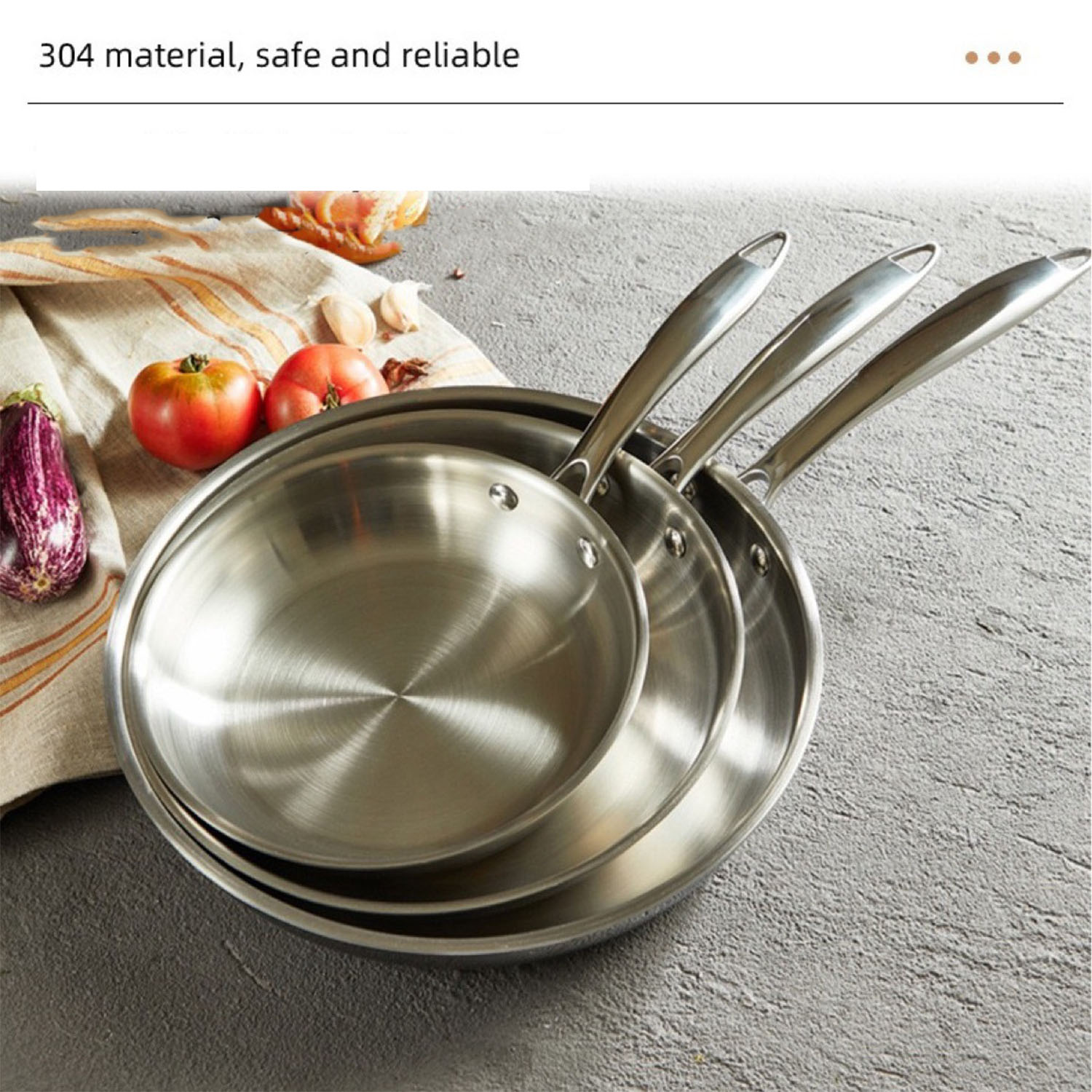 Tri-ply Stainless Steel Frying Pan Set Skillets Chef's Pans Induction Cookware 18cm-20cm-22cm