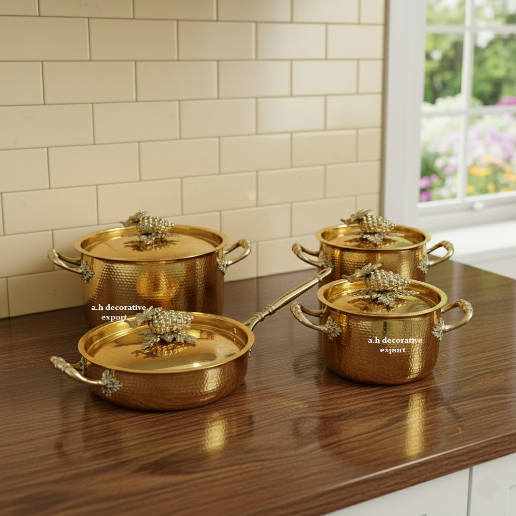 Hand-Hammered Gold Stainless Steel Eco-Friendly Pot Pan Set Heavy Duty Decorative Cookware Casserole Saucepan Ornate Europe