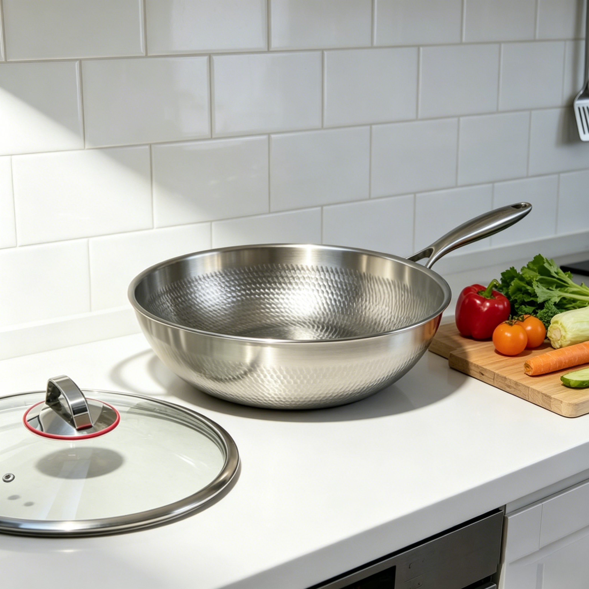 FLEY 304 Stainless Steel Hammered Wok Triple Layer Steel Non Stick Induction Cookware For Steak Frying And Stir Cooking