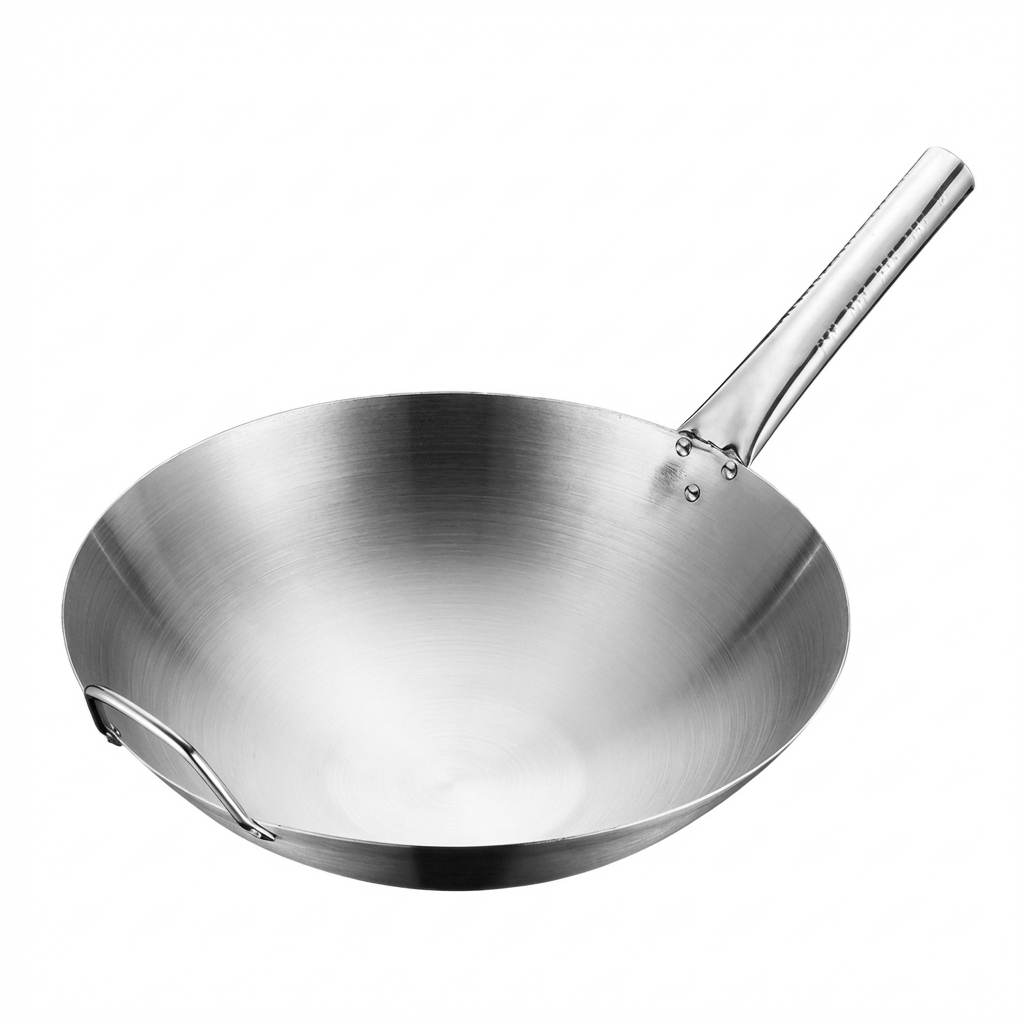 FLEY 2-3L Uncoated Stainless Steel Long Handle Fry Pan Gas Induction Compatible Commercial Wok For Hotel Canteen Cooking