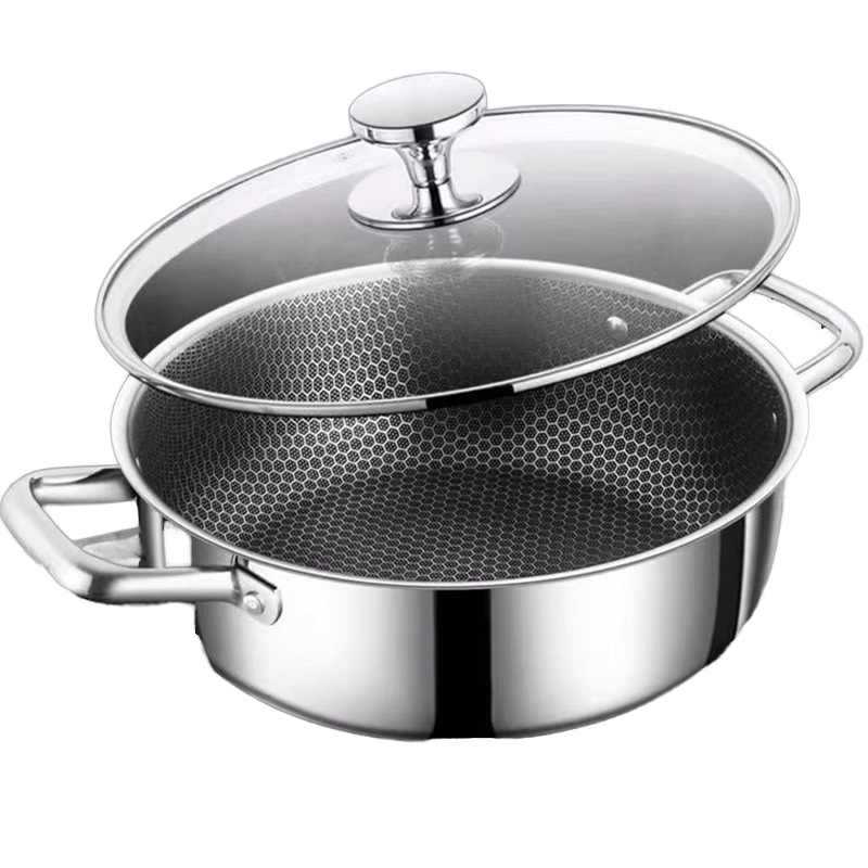 316 Stainless Steel Non-Stick Coating Honeycomb Design American/European Style Frying Pan Soup Pot Casserole Double Handles