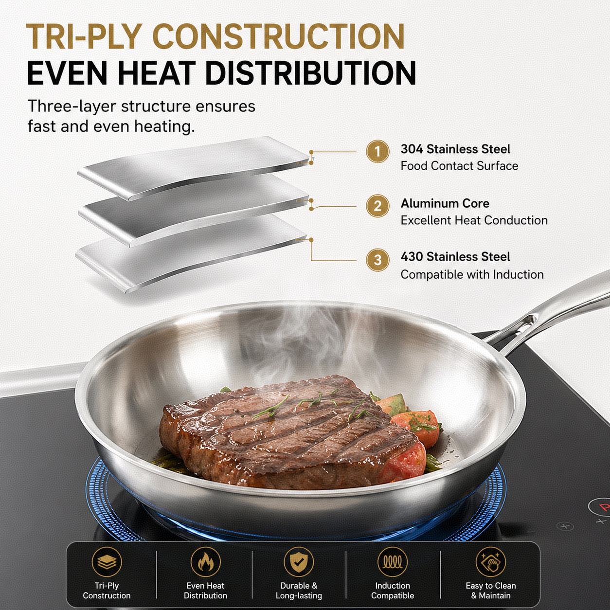 YITIAN High Quality Home Cooking Durable Nonstick 304 Stainless Steel Coating Frying Pan Cooking Whit Lid Cookware Set