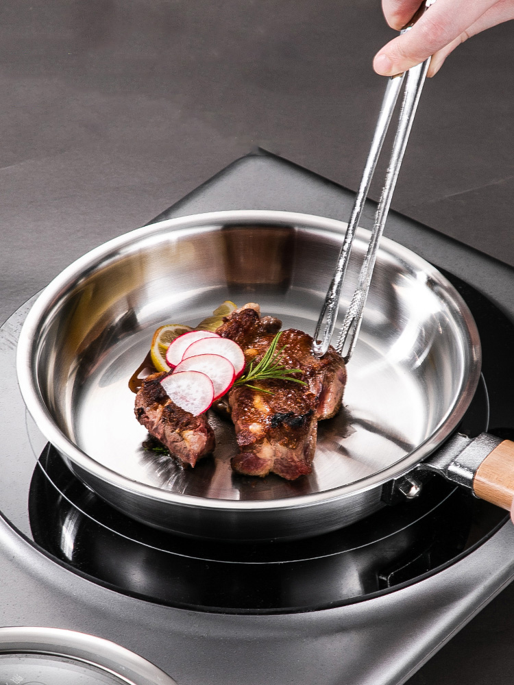304 Stainless Steel Frying Pan Non Stick Uncoated Kitchen Wok With Lid and Wooden Handle Flat Bottom Frying Pan