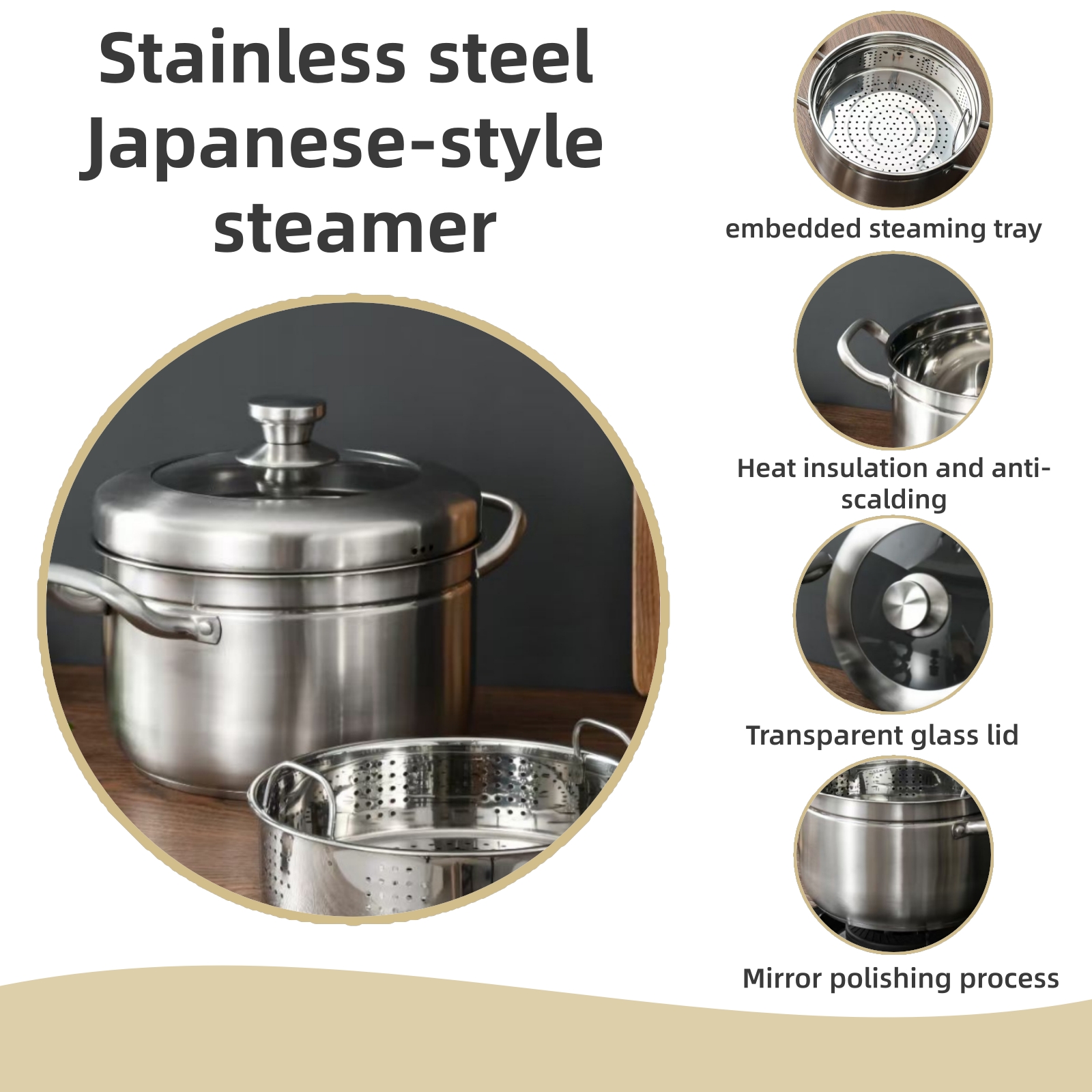24cm Japanese-Style Stainless Steel Steamer Thickened Double Bottom Kitchen Accessories for Kitchen Restaurant Use Steamer Pan
