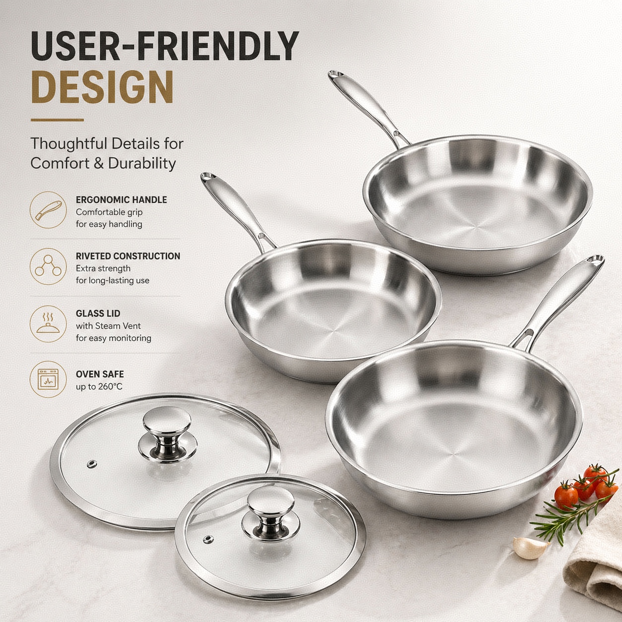 YITIAN High Quality Home Cooking Durable Nonstick 304 Stainless Steel Coating Frying Pan Cooking Whit Lid Cookware Set