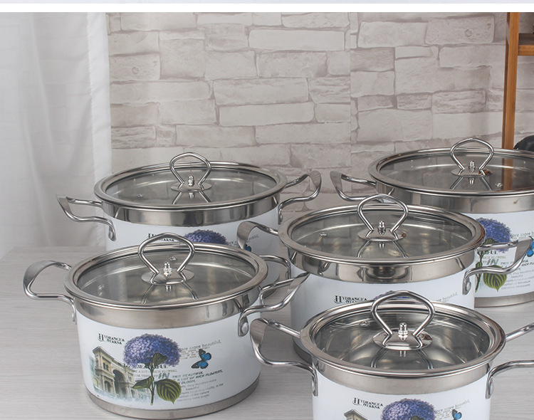 Export-Quality 5-Piece Stainless Steel Soup Pot Set — Compact-Packaged Cookware for Kitchen Cooking Decal Design Induction-Compatible