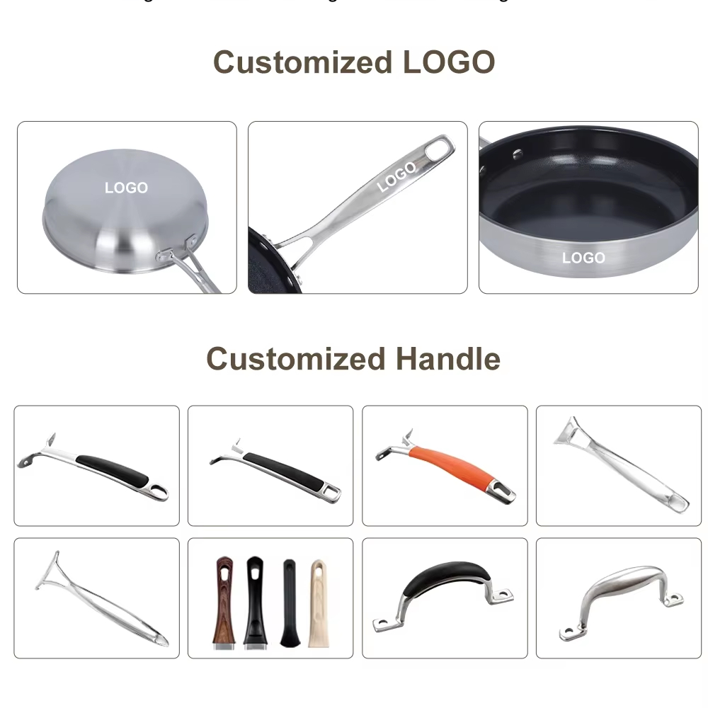 Customized logo Kitchen 3 Ply Cooking Pot Commercial Skillets Stainless Steel Frying Pan Set General Use for Gas Induction
