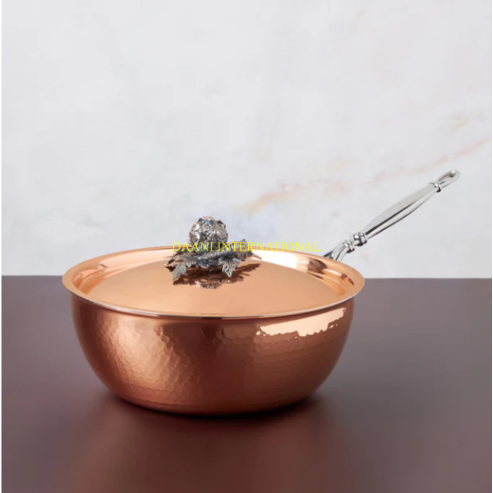 Hammered Copper Saucepan with Stainless Steel Handle and Decorative Lid Knob Premium Cookware for Home and Professional Chefs