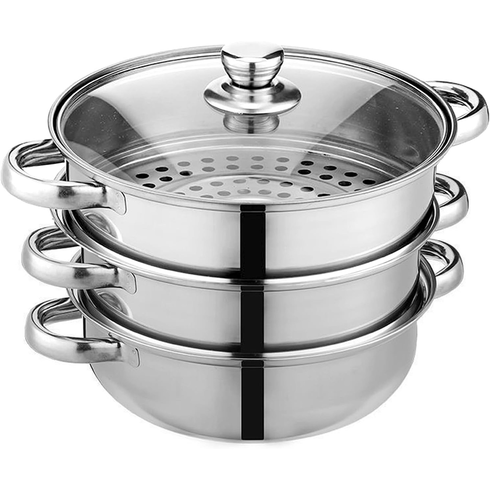 Eco-Friendly 3-Tier Stainless Steel Steam Pot with Glass Cover 15L Capacity for Gas &amp; Induction Stoves Multipurpose Cookware