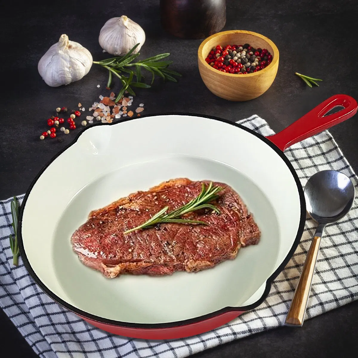Cast Iron 10 Inch Skillet Frying Pan, Oven, Stovetop, Grill, Campfire &amp; Induction Compatible, Durable, Non-Toxic, Even-Heating Cookware, Red, Round