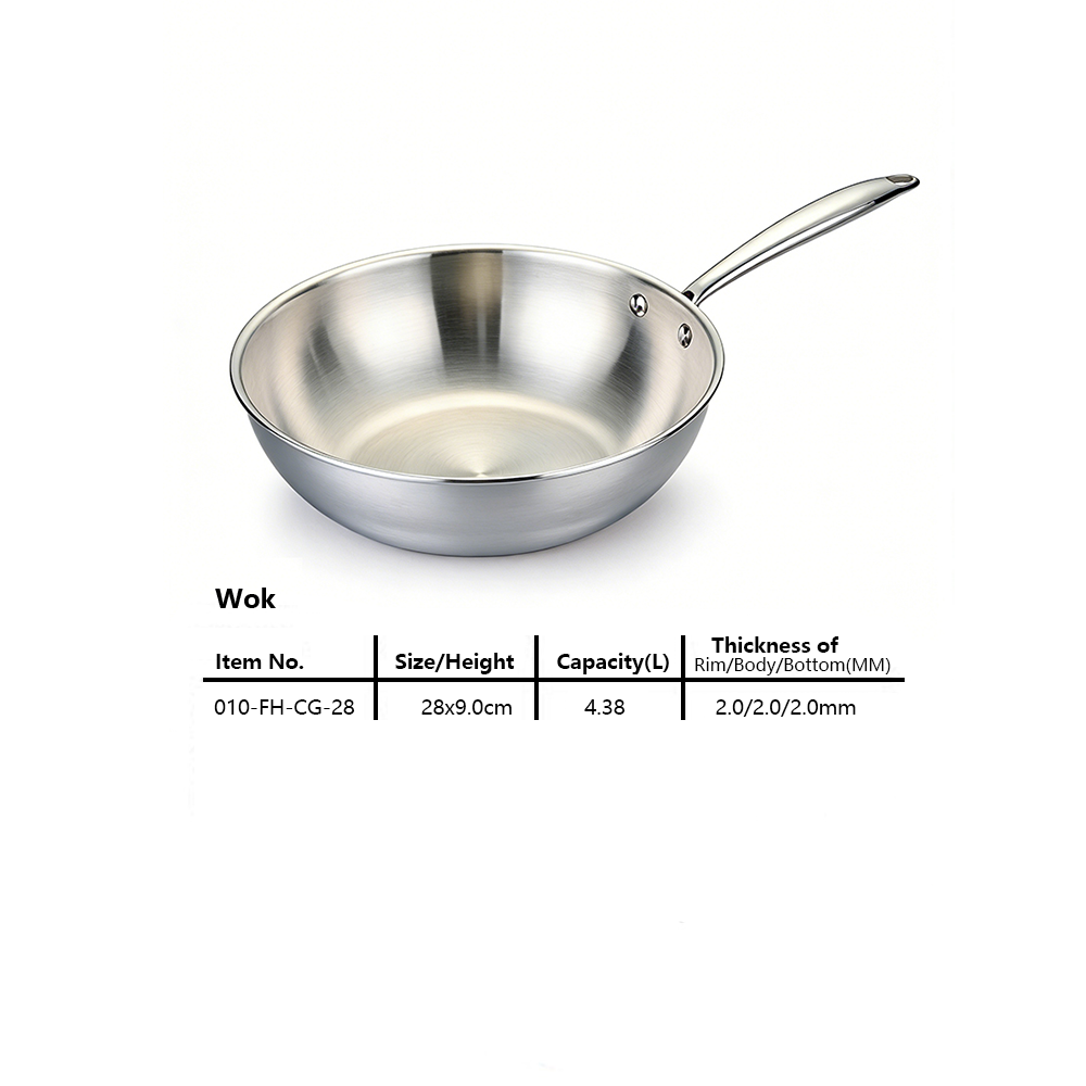 Tri-ply Full Clad Modern Stainless Steel Wok Professional Cookware 4-5L Oven Safe &amp; Induction Compatible