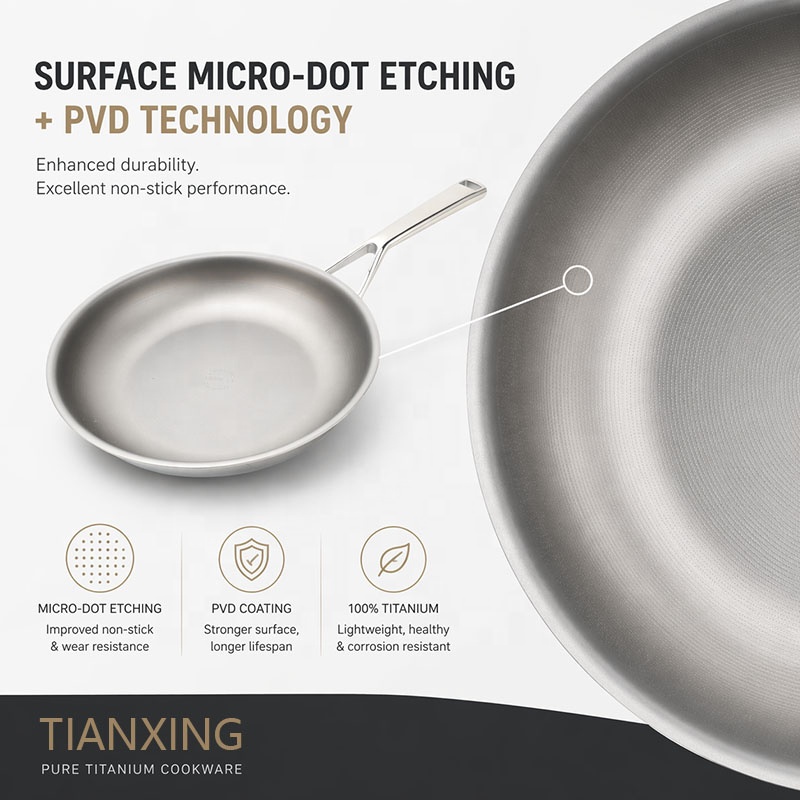 TIANXING Bulk Tri-ply Micro-dot Etching Titanium Pan PVD Surface Non-coating Physical Nonstick Fry Pan For Professional Chef Use