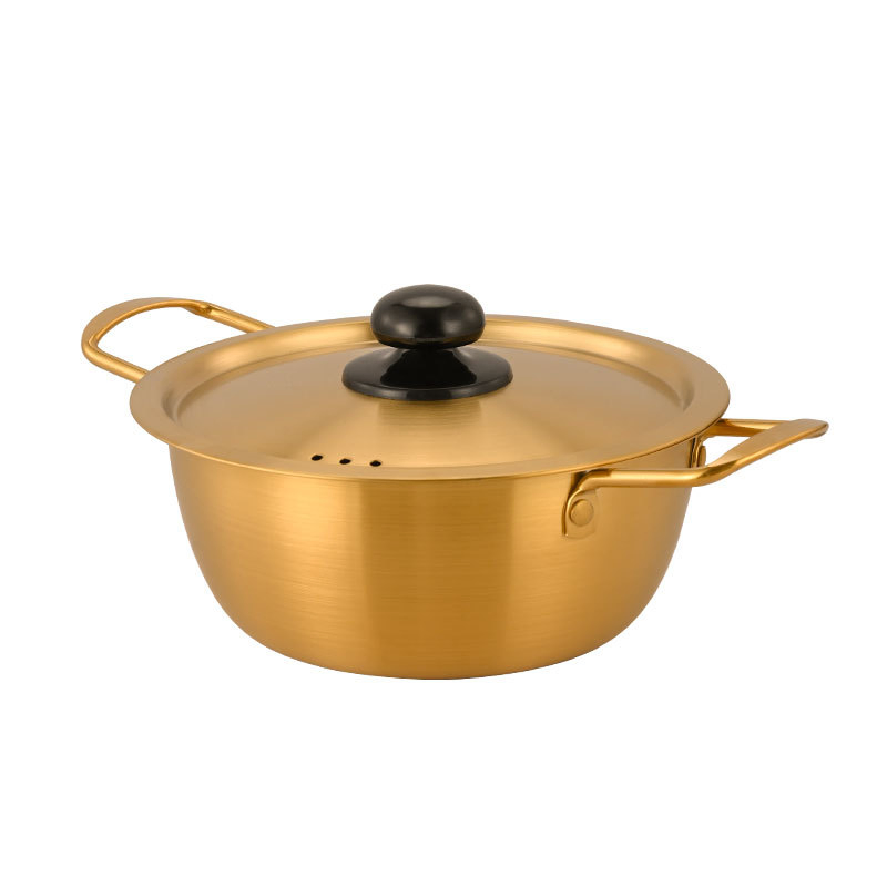 Korean Stainless Steel Ramen Pot – Double-Handled Thickened Noodle Soup Pot with Lid, Small Induction-Compatible Hot Pot
