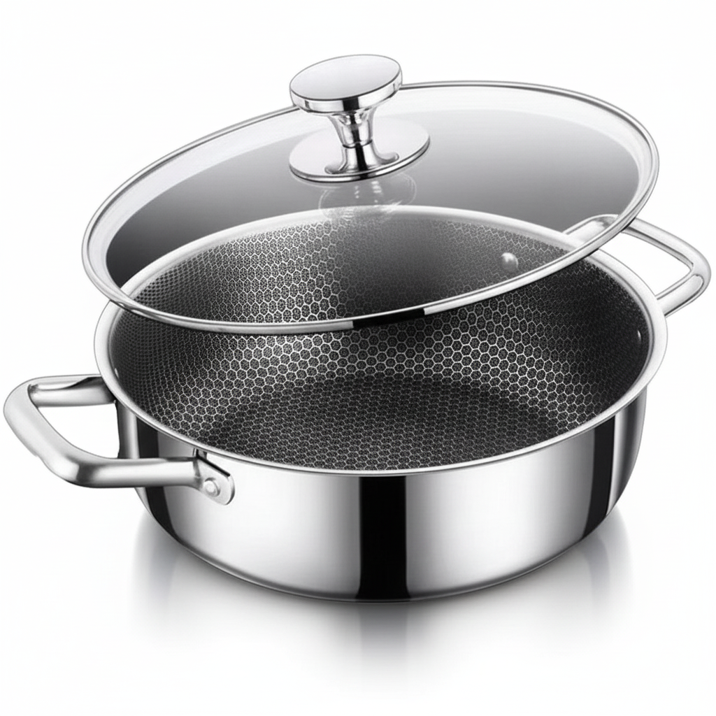 316 Stainless Steel Non-Stick Coating Honeycomb Design American/European Style Frying Pan Soup Pot Casserole Double Handles