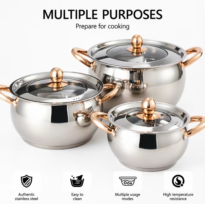 Apple Shape 6/12pcs Stainless Steel Healthy Multi-Functional Cookware Set Glass Cover Dishwasher Safe for Home Commercial Use