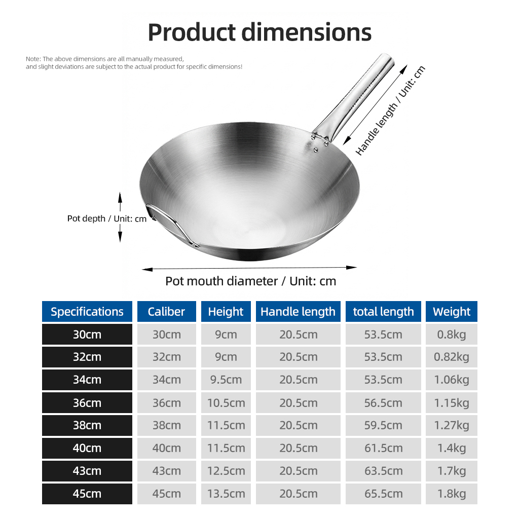 FLEY 2-3L Uncoated Stainless Steel Long Handle Fry Pan Gas Induction Compatible Commercial Wok For Hotel Canteen Cooking
