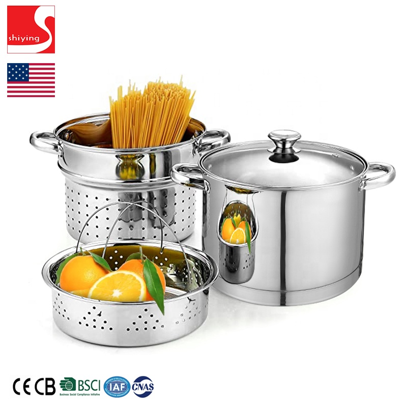SY-Kitchenware 3 Piece Stainless Steel Steamer Pot Set 3 Quart Cooking Pot Glass Lid Bakelite Soft Touch
