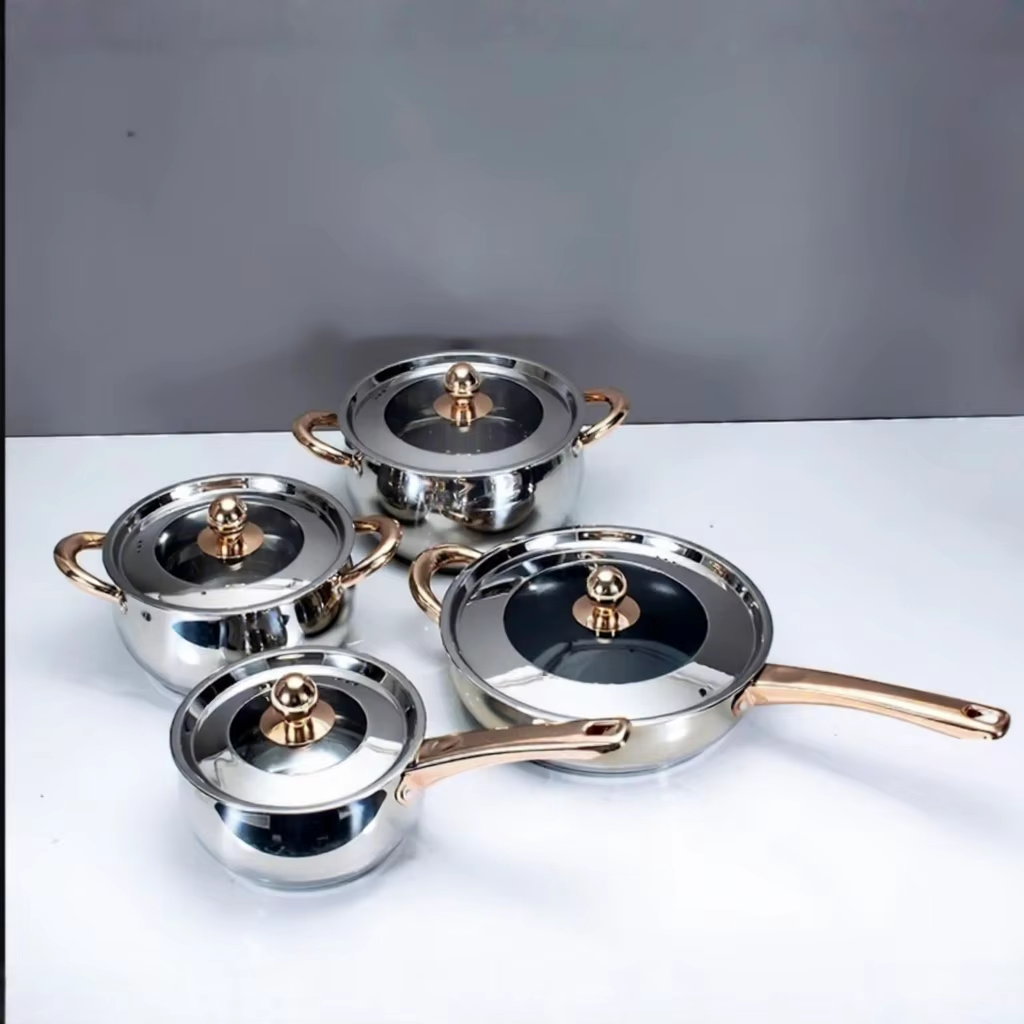 8-piece Stainless Steel Cookware Set Induction Compatible Oven Dishwasher Safe Modern Design Sustainable Glass Lid Stainless