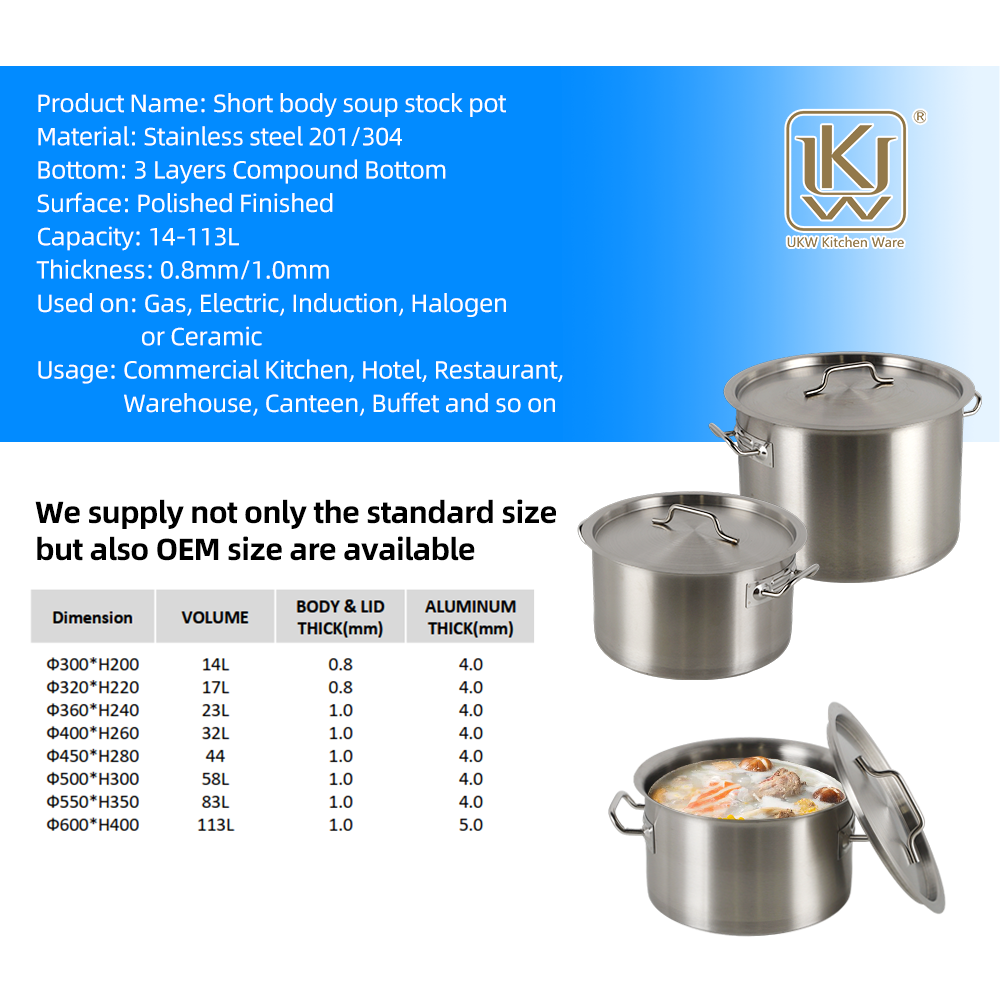 Commercial Kitchenware Use Short Body Design Various Sizes Stainless Steel Stock Pot Soup Cooking Pot with Lids
