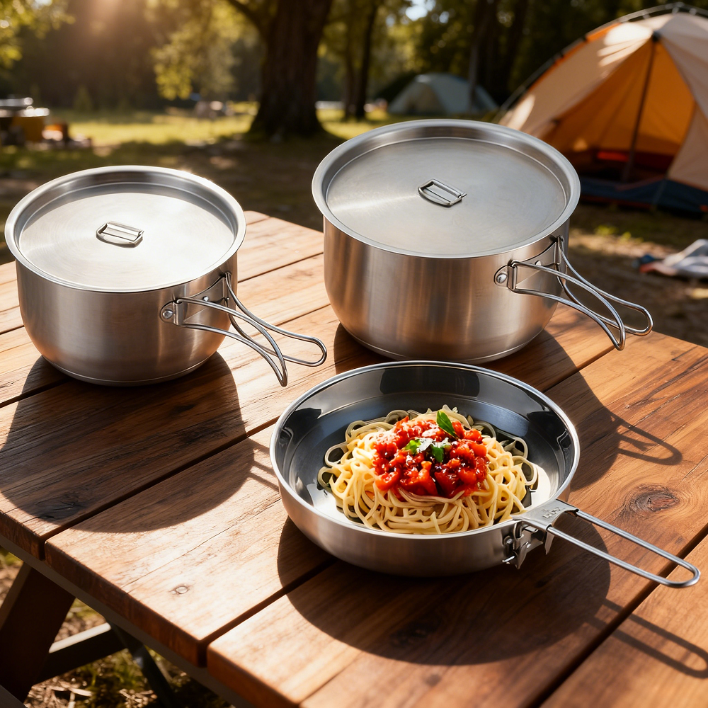 Newly Design Latest Design Folding Handle Stainless Steel Outdoor Cooking Camping Accessories Cookware Sets For Camping