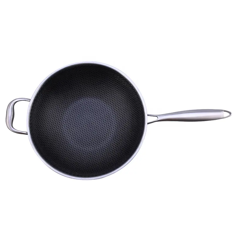 Factory Quality Modern Multi-Layer Stainless Steel 304 Restaurant Kitchen Easy Cleaning Non-Stick Deep Frying Wok Pan Glass Lid