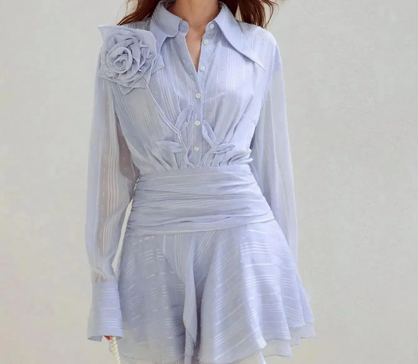 Vestido de camisa con volantes elegante, cuello puntiagudo, de un solo botón, de manga larga, mini falda para mujeres