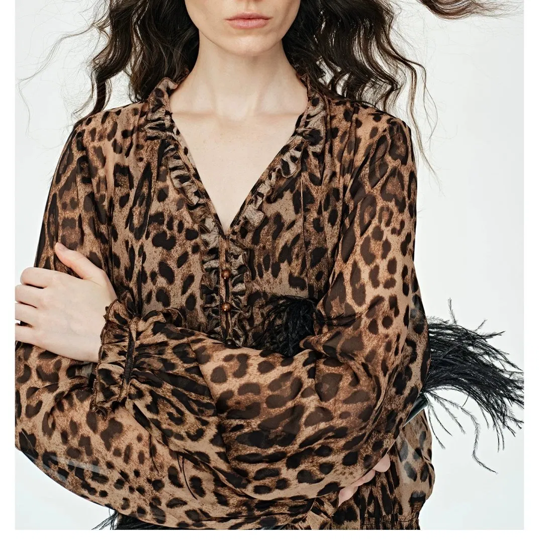 Vestido largo de manga larga de leopardo de lyocell y algodón para mujer, estilo vintage de resort, con cintura ajustada y falda acampanada