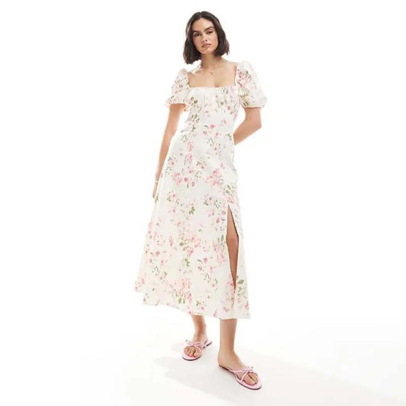 Vestido de Dama 2025 Nuevo Vestido de Punto Personalizado para Mujeres con Mangas Abullonadas, Escote Corazón, Impresión Floral, Con Abertura Lateral, Vestido Relajado para Fiesta o Cita