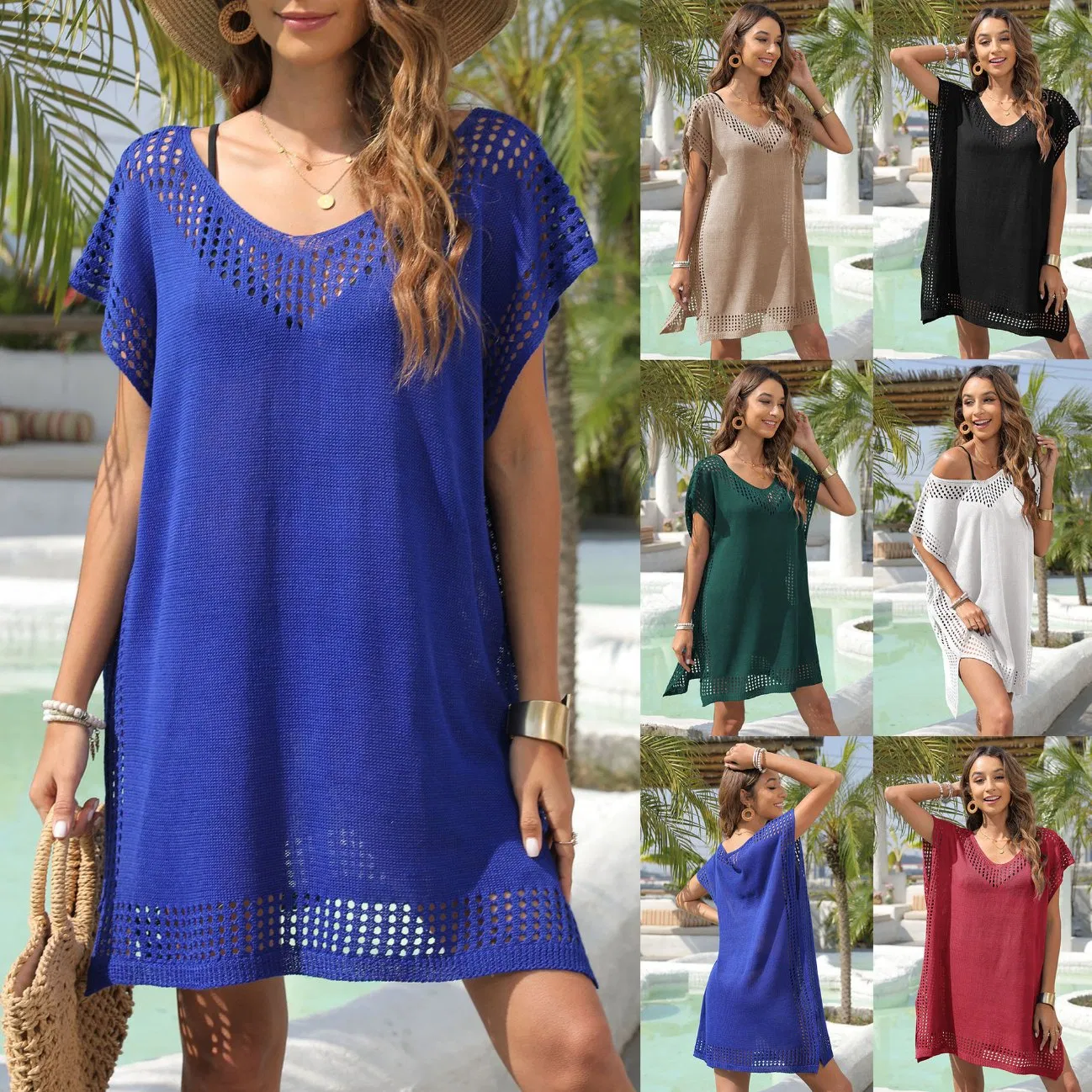 Vestido de verano con cuello hueco, vestido suelto para mujer, vestido de crochet, falda de playa para vacaciones
