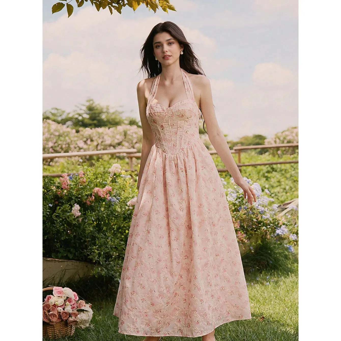 Vestido maxi de playa con corsé y cuello halter de estampado floral para mujer