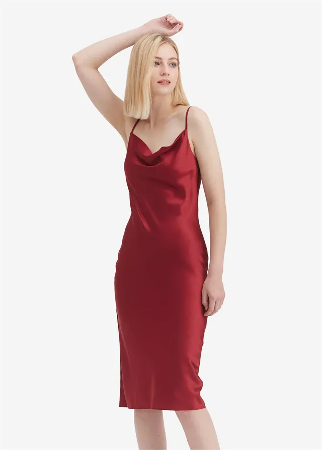 Vestido de Noche de Seda para Mujeres de Cuello Lujo 100% Vestido Deslizante de Seda Pura