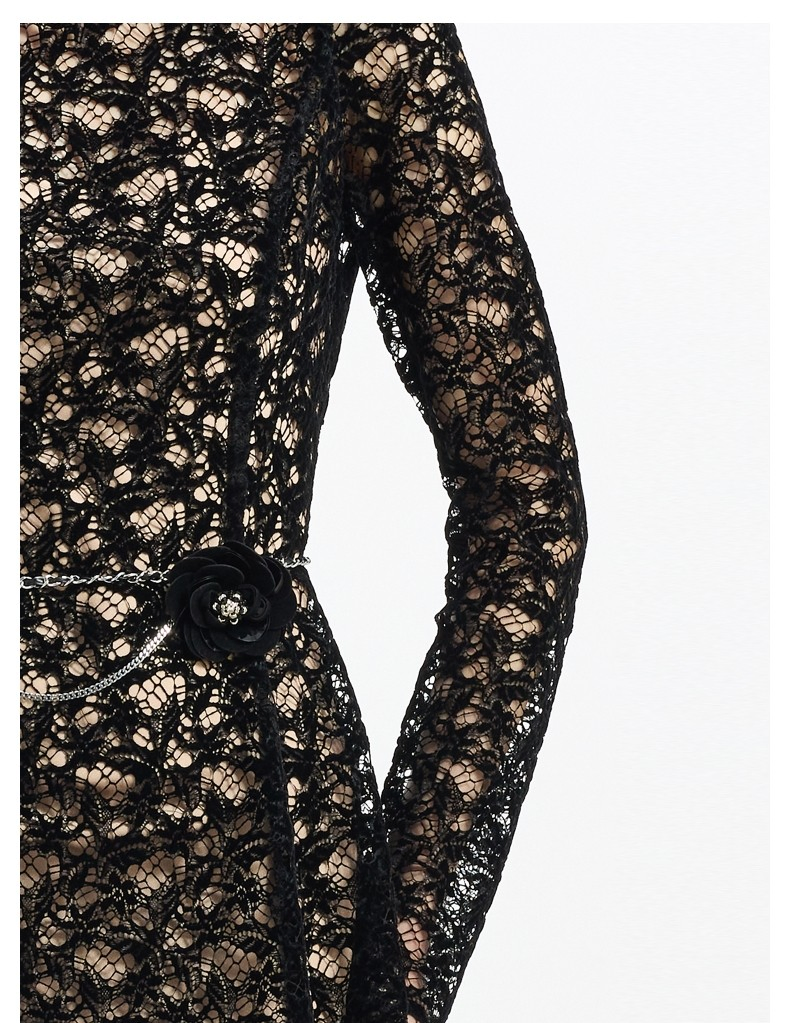 Vestido MIDI de lujo para mujeres al por mayor, personalizado, con encaje formal, mangas largas y diseño de cuello redondo alto