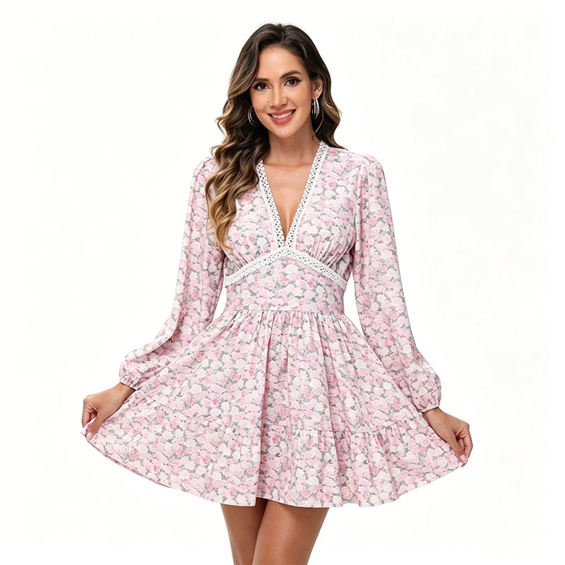 Vestido Mini de Estampado Floral para Mujeres con Escote en V, Detalle de Encaje, Manga Larga Abullonada, Vestido Corto con Volantes en Capas, Casual de Verano, Vacaciones, Playa