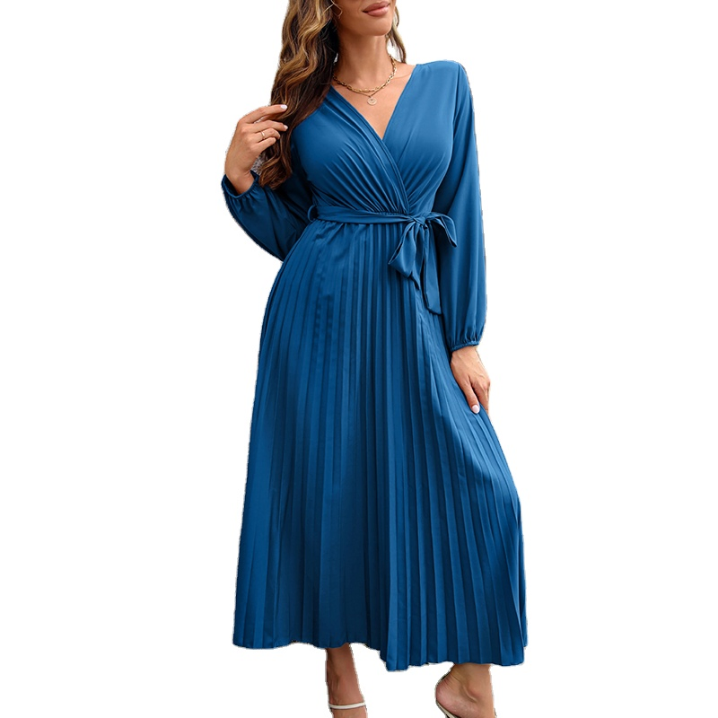 Nuevas Vestidos Largos de Manga Larga para Mujeres con Escote en V, Plisados, Color Sólido, Cinturón con Cordones, Venta Caliente en Europa, Elegante y Casual